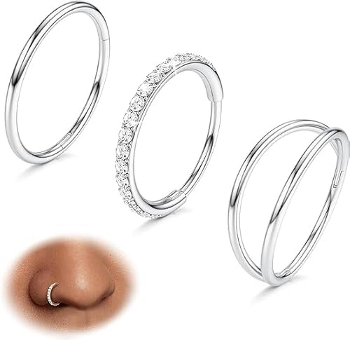 BodyBonita 3 Pezzi Piercing Naso Cerchio - Acciaio Chirurgico 316L 20G CZ Nostril Piercing Septum Daith Trago Helix Orecchino Cartilagine Elice Setto Rook Conch Piercing Naso Anello Argento 8mm