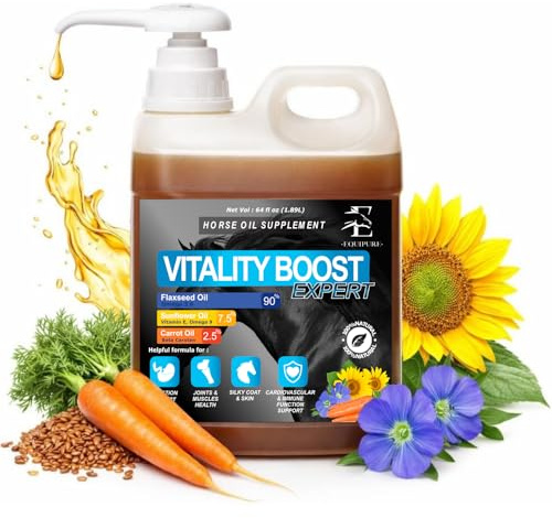 Equine & Horse Oil Supplement 3 Natural Oils Flaxseed Sunflower Carrot Omega 3 6 9 Vitamin E Silky Coat & Hoof Digestion Facilitator Joint Health Cardiovascular System Benefits-Pump Included