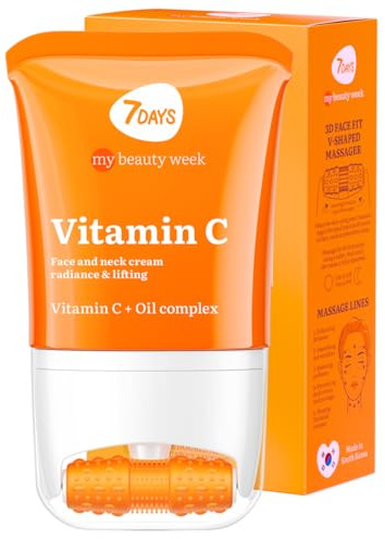 7DAYS Crema Viso e Collo Antirughe Coreana alla Vitamina C con Rullo Massaggiante – Crema Idratante, Illuminante e Rassodante, Anti-Macchie, Effetto Lifting per il Doppio Mento, 80 ml