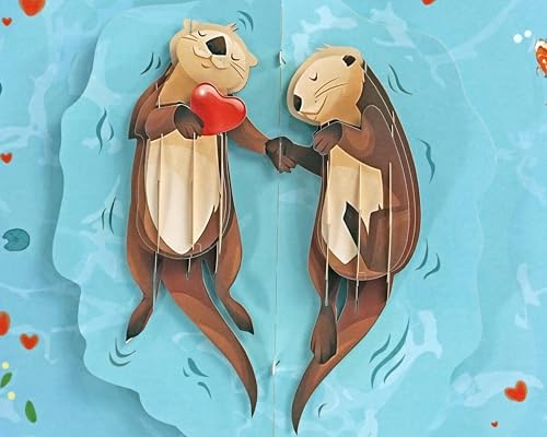 Cute Otter Couple Holding Hands 3D Pop Up Card.Romantic card for Her, Girlfriend, Wife,Him, Boyfriend,Husband. Perfect for Valentine’s Day, Birthday’s,Thank you 15cmx20cm