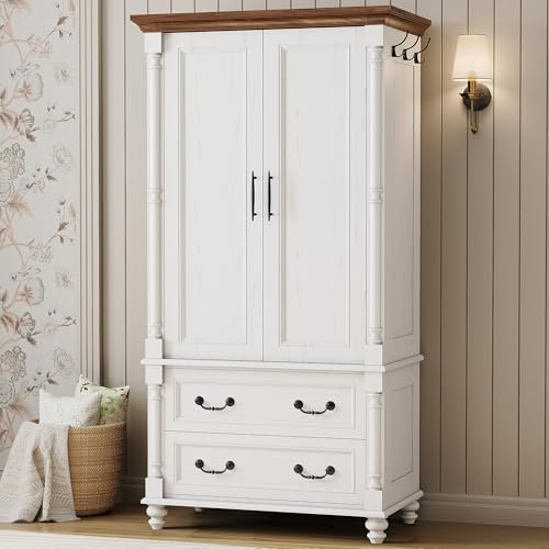 LIKIMIO Farmhouse Armoire Wardrobe Closet with 2 Doors and 2 Drawers, 70 H x 36 W, Large Bedroom Armoire with Roman Column and 3 Hanging Hooks, Wooden Freestanding Closet Cabinet, White
