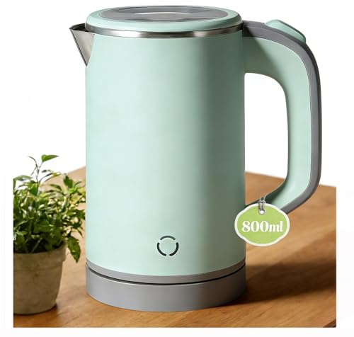 800Ml Bollitore da viaggio, Bollitore Elettrico Portatile, 5 Minuti 600w Mini Bollitore Elettrico Acciaio Inossidabile 304- Design a Doppia Parete Compatto per Ufficio e in Vacanza Famiglia Bambino