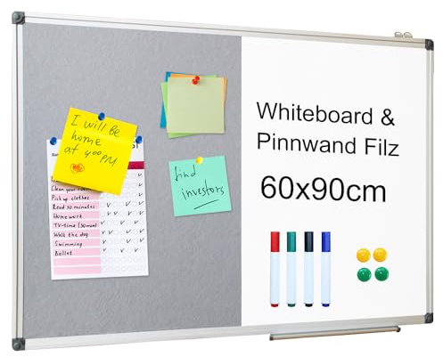 XIWODE Whiteboard Magnetisch & Pinnwand Filz - 2in1 Kombitafel: Magnettafel 90x60, Weiße Abwischbare Magnetwand, Graue Filzwand inkl. Zubehör zum Aufhängen an der Wand für Zuhause, Büro, Schule