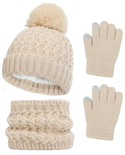 AWAVM Lot de 3 bonnets, écharpes et gants d'hiver tricotés au crochet épais et moelleux pour enfants de 2 à 8 ans, Multicolore iridescent, Taille Unique (Blanc)