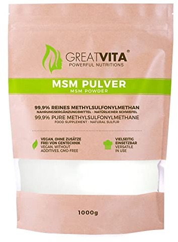 MSM Pulver 1000g - 99,9% Methylsulfonylmethan, feiner & organischer Schwefelpulver - MSM powder zum Mischen in Wasser, Saft & Smoothies - 1kg Vorrat, ohne Zusätze, glutenfrei & non-GMO | GreatVita