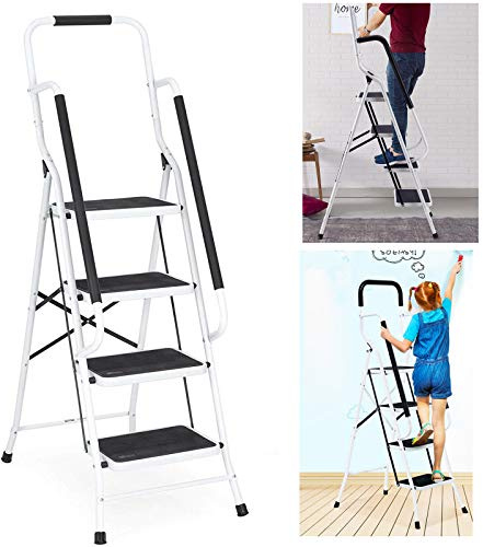 Escalera plegable de seguridad de 4 peldaños – Silla plegable antideslizante con pasamanos laterales antideslizantes, escalera para casa y oficina, acero resistente, capacidad de carga máxima de 150