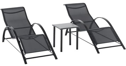 Outsunny Lot de 2 Bains de Soleil Chaise Longue Design Contemporain Table Basse Plateau Verre trempé métal époxy textilène Noir