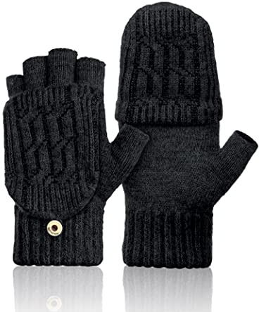 Fingerlose Handschuhe Damen Winter - Warme Convertible Halbfinger Fäustlinge Mit Flip Top Touchscreen für Fotografie Sport - für Damen und Herren (Schwarz)