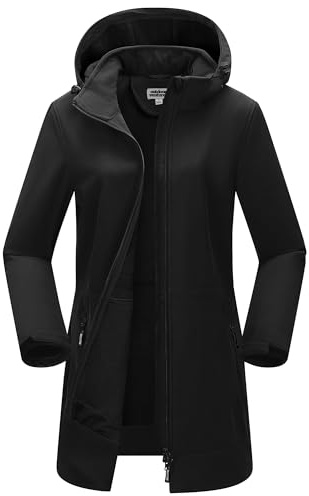 Outdoor Ventures Dam softshell lång jacka med huva fleece fodrad vindtät jacka för kvinnor vattentät vindjacka