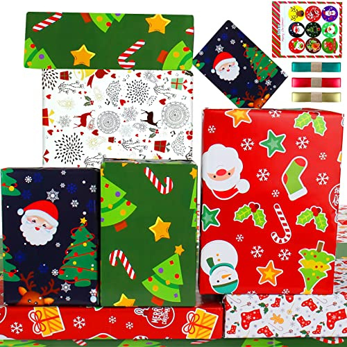 Hojas de papel de regalo de Navidad para niños, juego de papel de regalo de Navidad con cinta adhesiva, papel de regalo de Navidad con diseño de árbol de ciervo rojo y verde, papel de regalo de