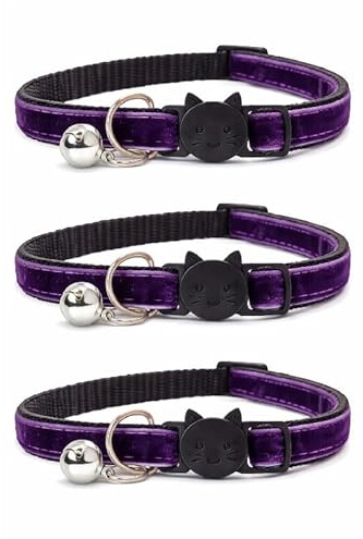 Velvet Cat Collars with Bell. Safe Breakaway Quick Release Buckle. Available in Cat & Kitten Size (Pack of 3) (Cat Collar (20cm - 30cm), Deep Purple Velvet (Pack of 3))