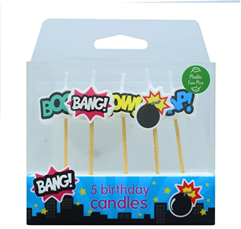 Baked With Love Superhero Cake Candles, 5 Bright Comic Book Birthday Celebration Cake Decorations, Plastic Free Pic - Pack of 5 Candles