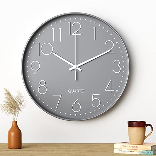 Uootach Reloj de Pared, 30CM Movimiento de Cuarzo silencioso, diseño Minimalista Moderno (Gris Caracteres Blancos)