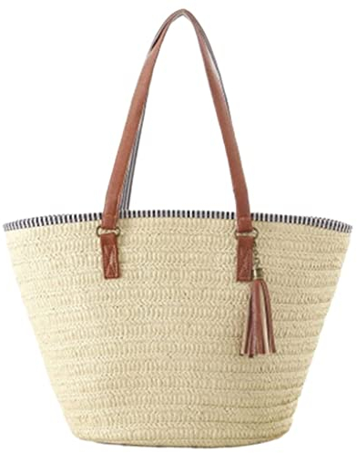 INKTUS Stroh Sommer Strandtasche Strand Handtaschen Frauen Gewebte Umhängetasche Sommer Strand Reisetaschen Weibliche Handtaschen Böhmische Geflochten Tasche (Blue : Blue)