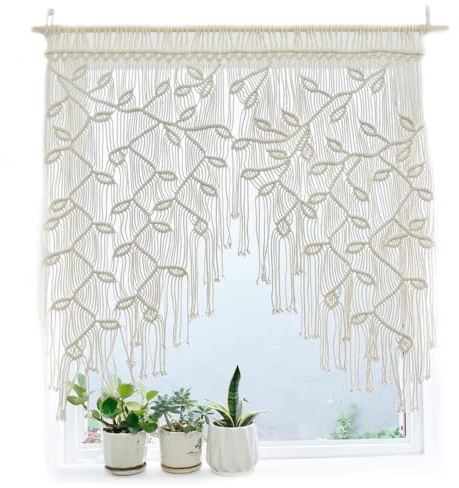 NIDONE Macrame Curtain, Macrame Sliding Curtains Boho Woven Leaves Short Country Style Bistro Curtains Wall Hanging Macrame Door Curtain Short Curtain For Living Room Balcony Door