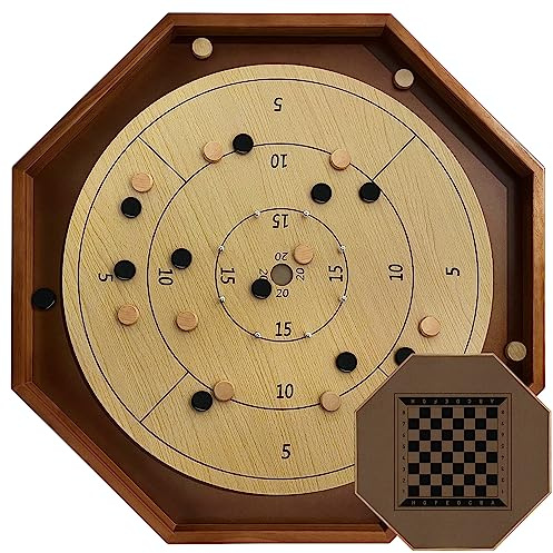 30 Inch Tournament Crokinole Board Game, 2 in 1 Crokinole and Checkers with 26” Playing Surface, Metal Pegs, Wooden Octagon Canadian Tabletop Board Game Krokinole for Families and Friends