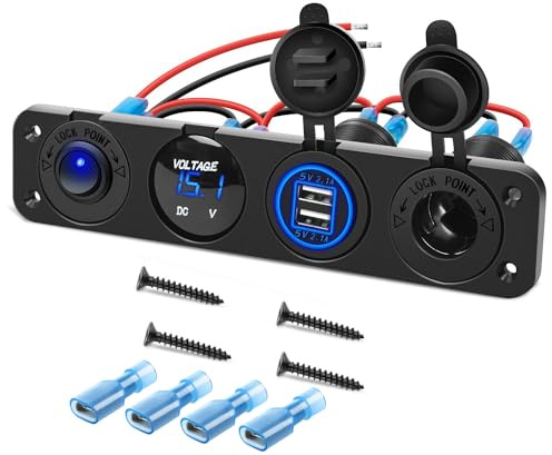 Gebildet Panel Enchufe Cargador Encendido/apagado 4en1, toma de corriente USB doble, Voltímetro LED, enchufe para encendedor cigarrillos y interruptor basculante encendido y apagado con luz LED (azul)
