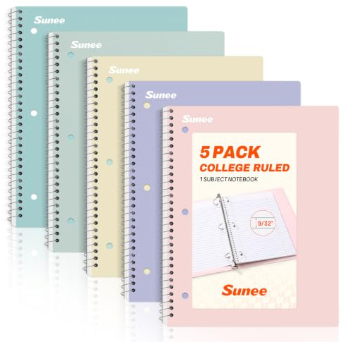 SUNEE Spiral Notebooks, 1-Subject, 5 Pack, College Ruled Paper, 8 x 10-1/2, 70 Sheets per Notebook,3-Hole Punched Paper, Pink,Purple, Blue, Green, Yellow Spiral Lined Notebooks for School,Work