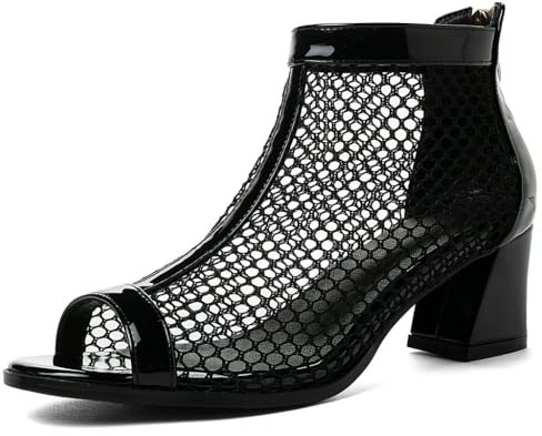 DINTAHA Mesh Open Toe Chunky Heel Booties Peep Toe Ankle Boots Low Heel Summer Boots,Black
