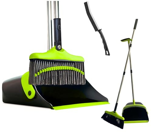 FLOORINGTON Long Handled Dustpan and Brush Set Upright Broom with Soft Bristles & Durable Dustpan for Indoor and Outdoor Cleaning Includes Free Mini Dustpan & Brush Set (Green & Black)