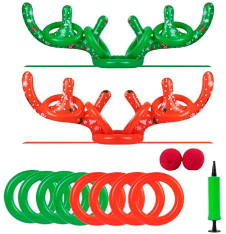 WOFEU 2 Jeux gonflables de Lancer d'anneaux en Bois de Renne avec 1 Pompe Manuelle,Jeux de Noël Jeux de Lancer d'anneaux pour Les fêtes de Noël,Grands Jeux familiaux pour Les fêtes de Noël