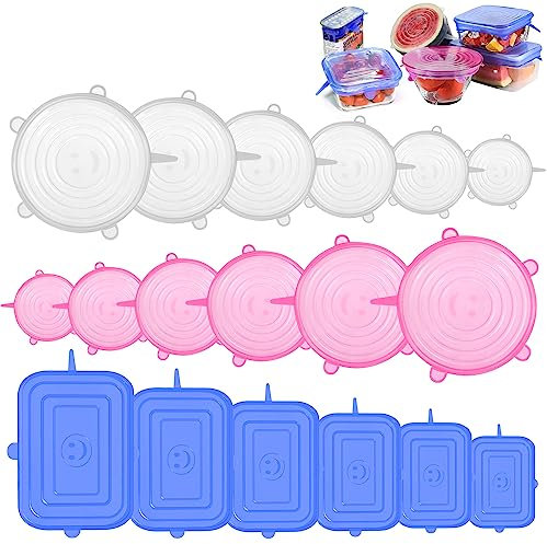 12 Pcs Round Silicone Stretch Lids and 6 Pcs Rectangular Silicone Lids Food Covers, Reusable Silicone Lids, Different Sizes, Expandable, Keep Food Fresh, for Dishes Jars Bowls (Blue, White, Pink)