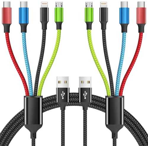 Firsting 4 in 1 Multi Charging Cable [2Pack 5FT], Tangle Free USB C Car Charger Cable Nylon Braided with 2 USB-C/IP/Micro, Travel Charging Cords for iPhone Android iPad and More