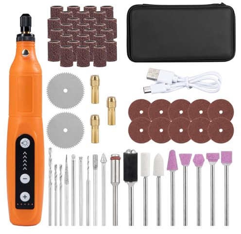 Carehabi Multiherramienta con batería, con luz LED, dispositivo de grabado de 3 velocidades (5000-15000 rpm), mini taladro de 3,7 V con 58 accesorios para taladrar, grabar, pulir, lijar, eliminar el