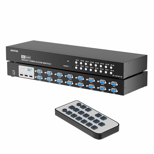 Arvitek Conmutador KVM de 16 puertos VGA, 16 computadoras comparten 1 juego de monitor, teclado, mouse, impresora, KVM de montaje en rack 16 en 1 con 3 concentradores USB 2.0 (incluye 16 cables KVM