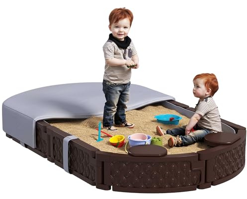 Qaba Kids Sandbox with Cover, Oval 71 HDPE Large Sand Pit with 4 Seats, Waterproof Bottom Liner, Weather Resistant Outdoor Sand Box for Backyard, Lawn, Garden, Beach, Patio, Brown
