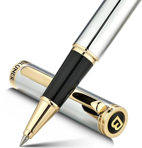 BEILUNER Luxury Rollerball Pen,24K Gold Trim,Noble and Elegant Designs,Schneider Ink Refill, Best Roller Ball Pen Gift Set for Men & Women, Professional, Executive Office, Nice Pens(Chrome&Gold)