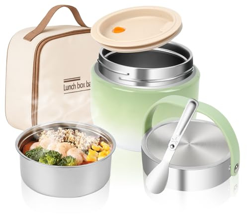 NZZVNZ Contenitore termico per alimenti, 1200 ml, in acciaio inox 304, contenitore termico per alimenti, thermos per alimenti, a prova di perdite con coperchio, cucchiaio e sacchetto termico (verde)