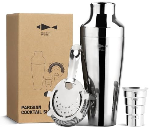 SKY FISH® Set di Shaker da Cocktail in Stile Parisian, Kit da Barman per Baristi e Appassionati di Cocktail, 500 ml, Argento