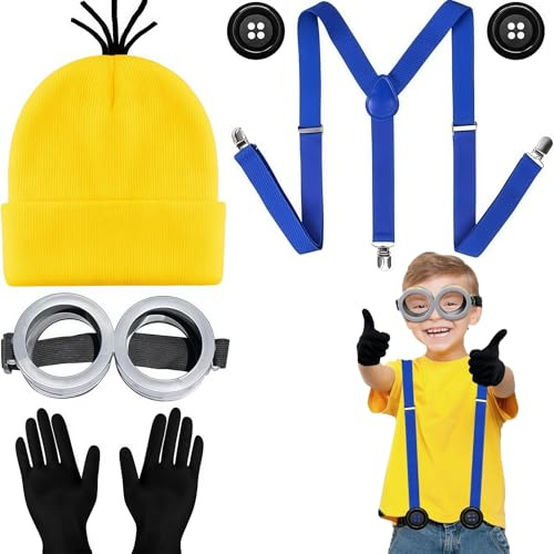 AYNKH 5Pcs Jaune Costume pour Adulte Enfant Jaune Bonnet tricoté Chapeau Gris Lunettes Noir Gants Boutons Bleu Bandoulière Déguisement Costume Accessoires pour Halloween Carnaval Cosplay Party