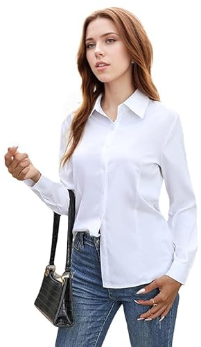 MUNSKT White Shirts for Women,Long Sleeve Button Casual Top,Fitted Stretch Basic Blouse Tops for Office Business (UK, Alpha, M, Regular, Regular, Standard, White)