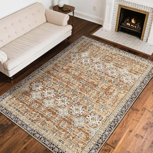 VEVOR Area Rug, 8 x 10 ft Large Washable Rug, Non-Slip and Tear-Resistant Soft Carpet, Pet & Child Friendly Vintage Area Rugs, Indoor Mat for Bedroom, Living Room, Kids Room, Office, Brown Green