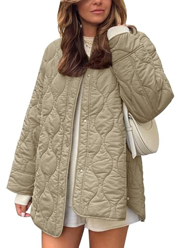 Flygo Women's Oversized Quilted Lightweight Jacket Button Down Puffer Padded Outerwear with Pocket(Khaki Medium)