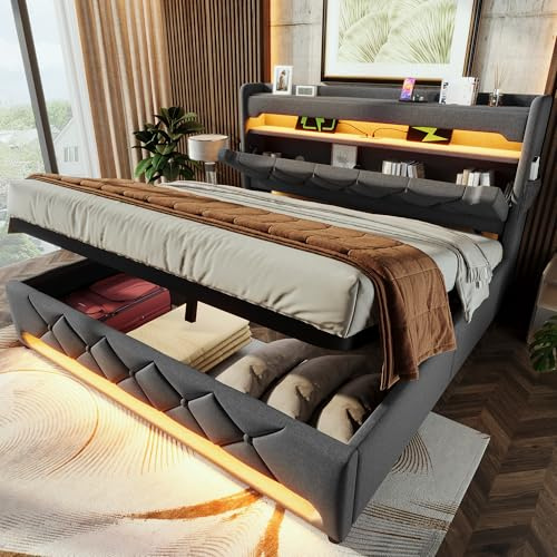 Polsterbett 180x200 Doppelbett, Stauraum-Kopfteil mit USB- und Typ-C-Anschlüssen, LED-Beleuchtung am Kopf- und Fußende des Bettes, mit Hydraulischem Stauraum, Leinen (Grau 1, Ohne Matratze, 180x200CM)