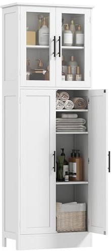 HOMCOM Mobile Bagno Alto con Ante in Vetro e 2 Armadietti, Mobiletto Bagno Salvaspazio con Ripiani Regolabili, Armadio da Terra per Sala da Pranzo Salotto Soggiorno Cucina, 60x30x170 cm, Bianco