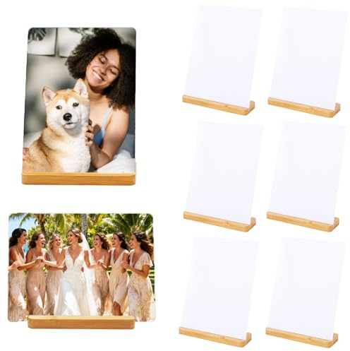Frinnovan 6 Pack Sublimation Photo Frame Blanks Wood 5×7 Picture with Wood Base DIY Photo Prints for Family Wedding Holiday Desktop Party Gift Decoration