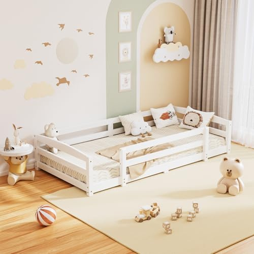 Meulbaty Cama de suelo Montessori de 90 x 200 cm | Cama de suelo Montessori con marco de cama de pino macizo, diseño de 2 entradas, adecuado para niños de 1 a 3 años, color blanco
