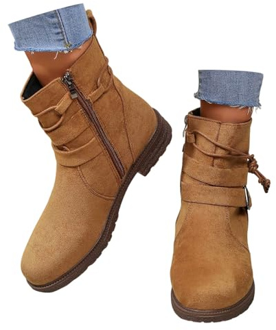 Generisch Botines para mujer, color beige, de ante, botines de vaquero, elegantes, puntiagudos, bajos, de media altura, cómodas, medias altas, caqui, 38.5 EU