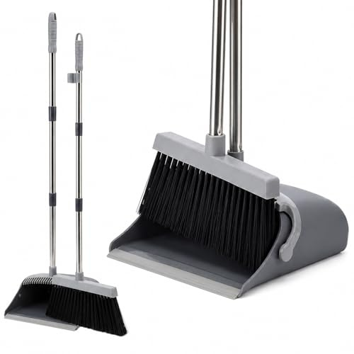 LSC Long Handled Dustpan and Brush Set with Adjustable Handle Upright Broom and Dustpan Combo with Teeth Soft Sweeping Brush for Indoor Outdoor Floor Cleaning Household Cleaning Products
