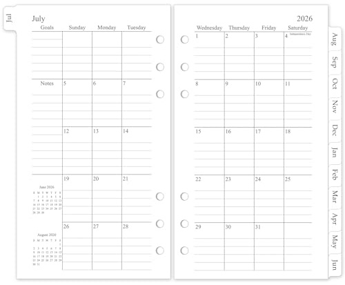 2026-2027 Monthly Planner Refill, A6 Small Size Planner Inserts for 6 Ring, 3.8x6.8, Jul. 2026 - Dec. 2027, 18 Monthly Calendars with Laminated Tabs, 6-Hole Punched
