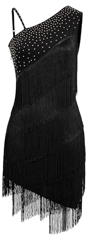 EFOGEP Womens Latin Dance Dress Tassel Flapper Dresses | Asymmetric One Shoulder Rhinestones Fringe Sequins Dance Costume for Salsa Cha-Cha Ballroom Competition