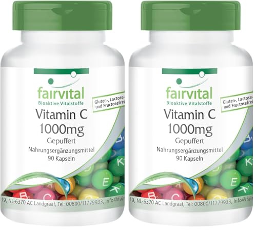 fairvital Vitamina C 1000 mg tamponata, 90 capsule, ad alto dosaggio, VEGANA, ascorbato di calcio (Confezione da 2)