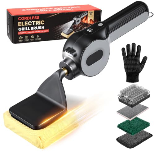 Limpiador de Barbacoa Electrica, 5 En 1 Cepillo Electrico Limpieza Barbacoa con Motor Sensible a la Presión de 1100 RPM, Pantalla LCD, Luz LED, Accesorios Barbacoa (No desprende Pelusa, ignífugo)