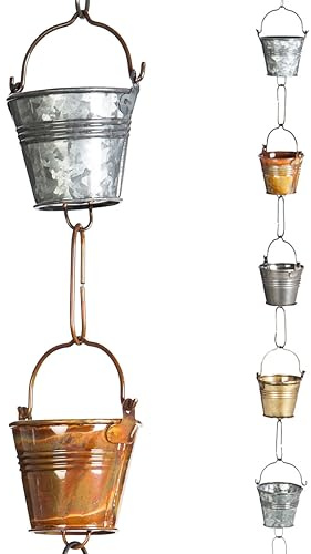 Evergreen Iron Buckets 8 foot Metal Rain Chain - Gutter Downspout Diverter, Decorative Garden Rain Catcher, Outside, Garden, Patio, and Deck