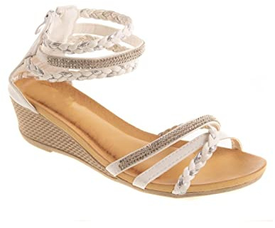 Sandales Femme Petit Talon compensé Bride Cheville tressée & strass,Blanc,39 EU