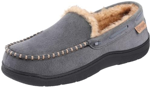 Zigzagger Men's Moccasin Slippers Memory Foam House Shoes, Indoor and Outdoor Warm Loafer Slippers, Grey, 10 M US
